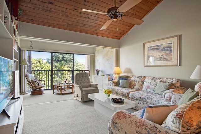 living room featuring ceiling fan, high vaulted ceiling, wooden ceiling, and carpet floors