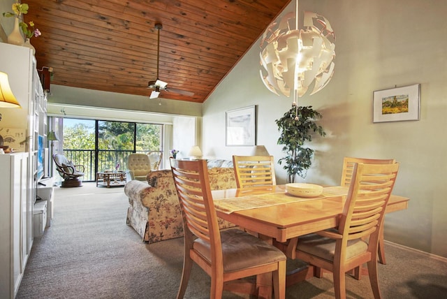 carpeted dining area with ceiling fan with notable chandelier, high vaulted ceiling, and wooden ceiling