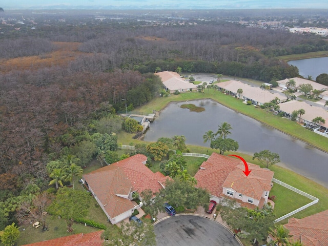 drone / aerial view featuring a water view