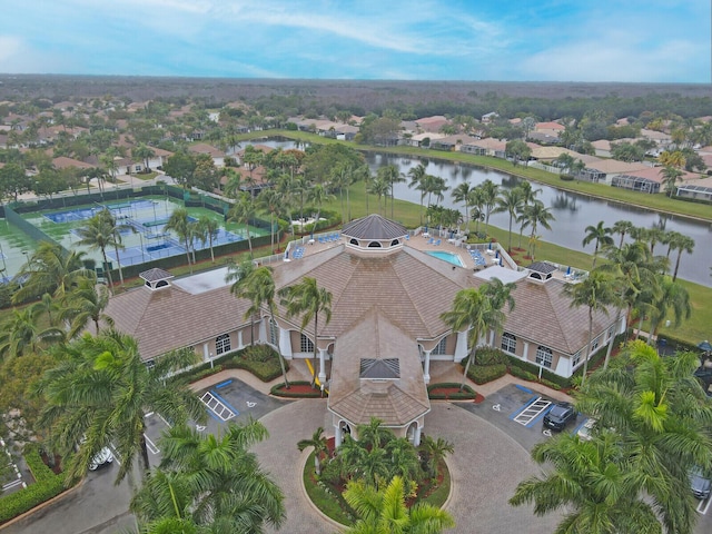 drone / aerial view with a water view