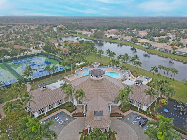 drone / aerial view with a water view