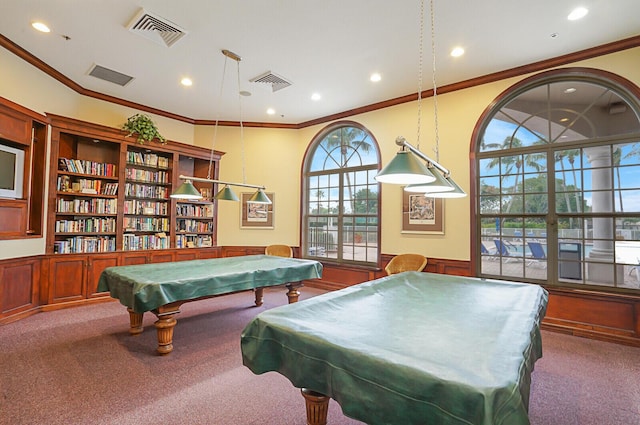 game room with pool table, ornamental molding, and carpet flooring