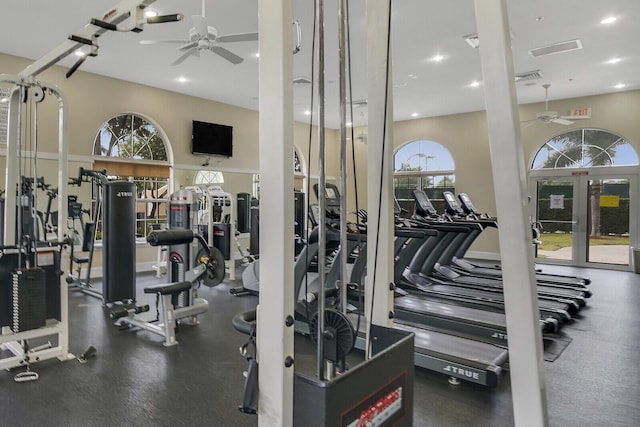 workout area with ceiling fan