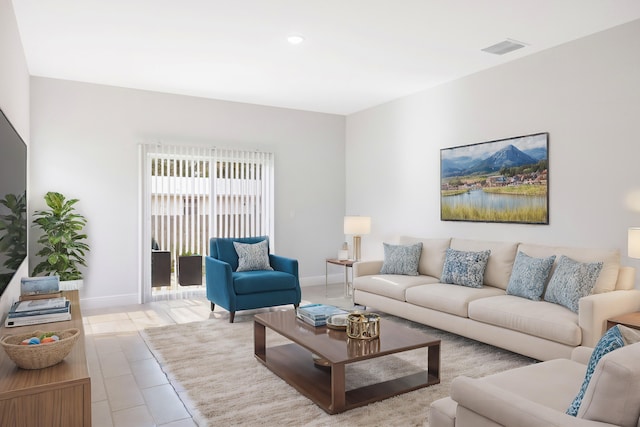 living room with light tile patterned flooring