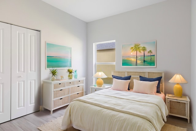 bedroom with light hardwood / wood-style floors and a closet