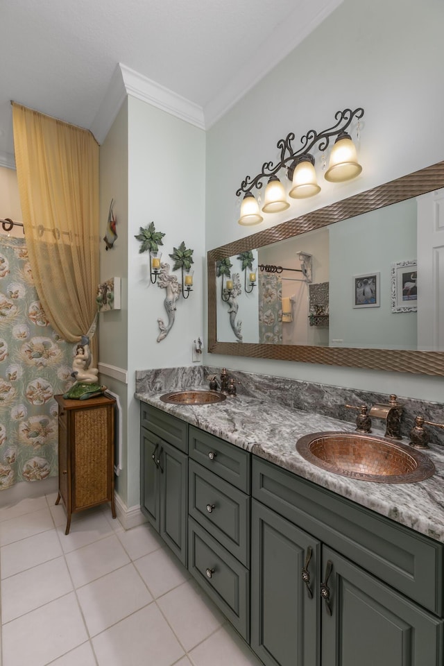 bathroom featuring vanity, tile patterned floors, walk in shower, and ornamental molding