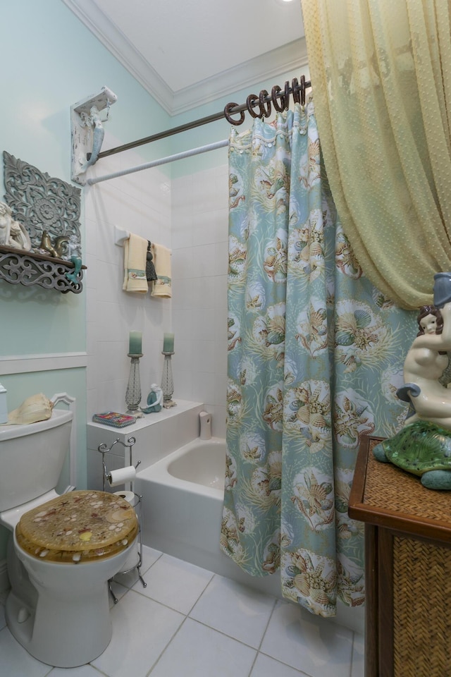 bathroom with toilet, shower / bath combo, tile patterned floors, and ornamental molding