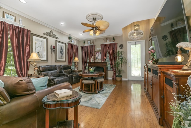 living room with ceiling fan, light wood-type flooring, and crown molding