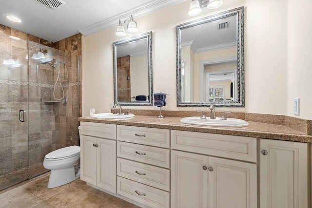 bathroom featuring toilet, walk in shower, crown molding, and vanity