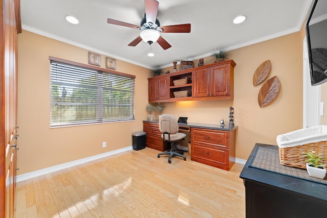 office area with light hardwood / wood-style floors, crown molding, and ceiling fan