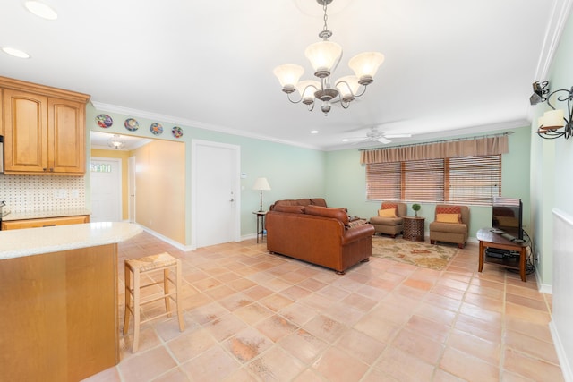 living room featuring light tile patterned flooring, crown molding, and ceiling fan with notable chandelier