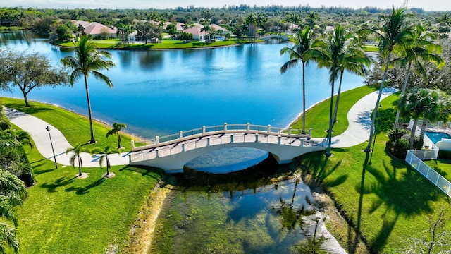 drone / aerial view featuring a water view