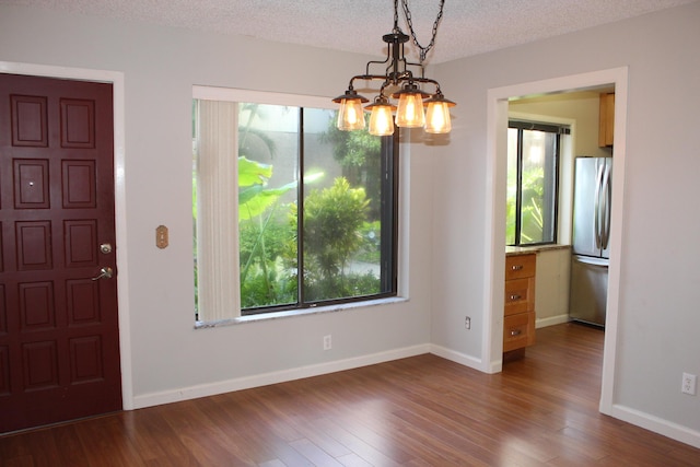 unfurnished dining area with hardwood / wood-style flooring, a healthy amount of sunlight, and a textured ceiling