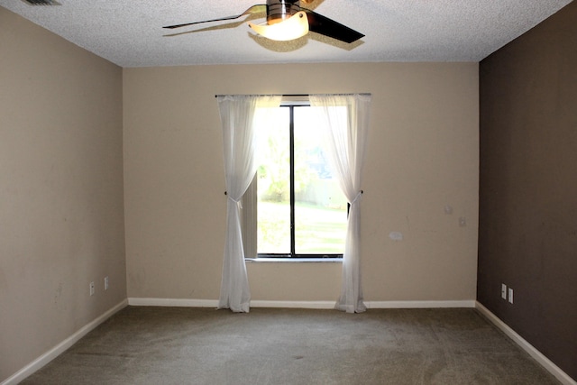 spare room with ceiling fan, plenty of natural light, carpet flooring, and a textured ceiling