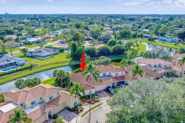 aerial view featuring a water view