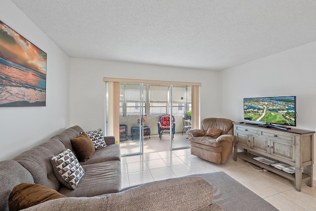 tiled living room with a textured ceiling