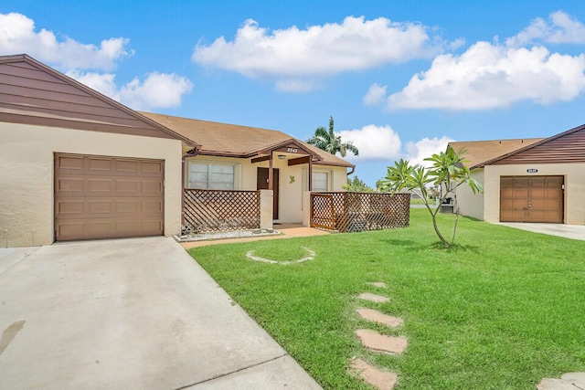 ranch-style house with a front lawn and a garage