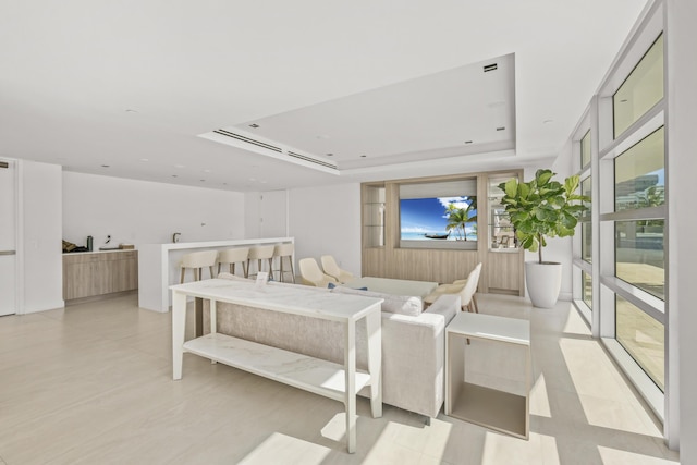 bedroom featuring a tray ceiling and multiple windows