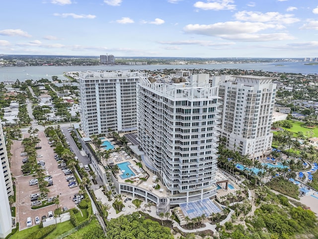 bird's eye view with a water view