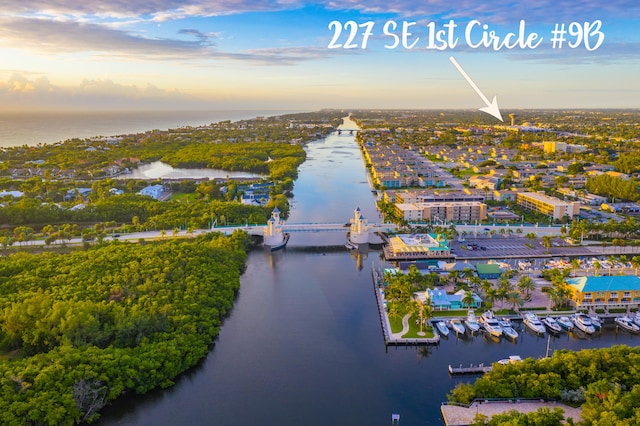 aerial view at dusk with a water view