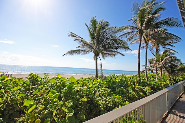 view of water feature with a beach view