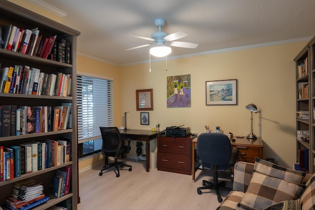 office space with ceiling fan, ornamental molding, and light hardwood / wood-style flooring