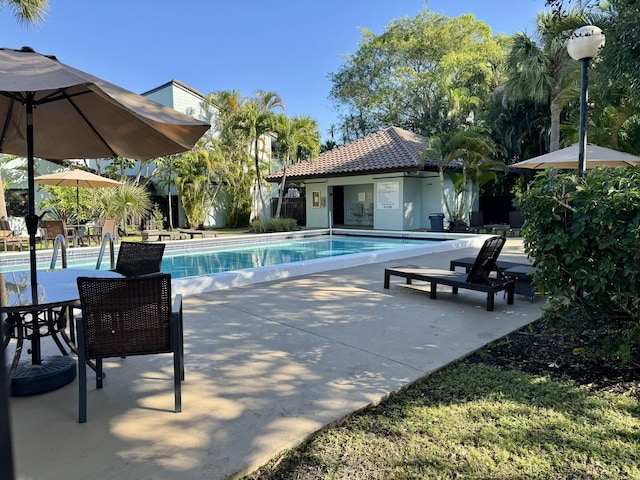 view of swimming pool featuring a patio area