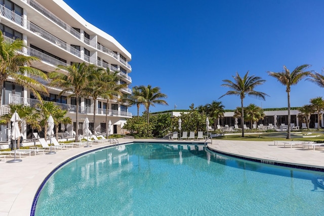 view of swimming pool featuring a patio