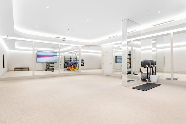 exercise area featuring light carpet and a tray ceiling