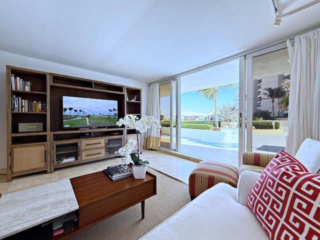 tiled living room with expansive windows