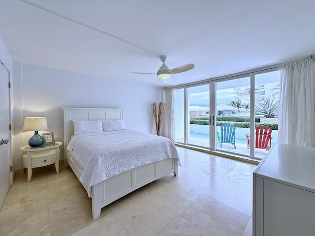 bedroom with access to exterior, floor to ceiling windows, and ceiling fan