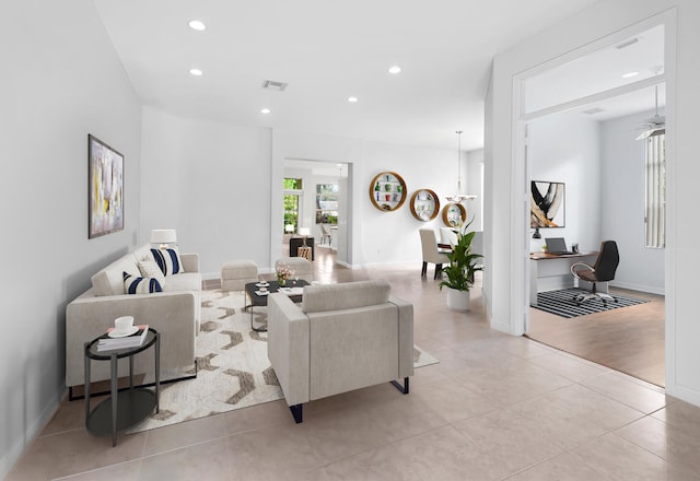 living room featuring light tile patterned floors