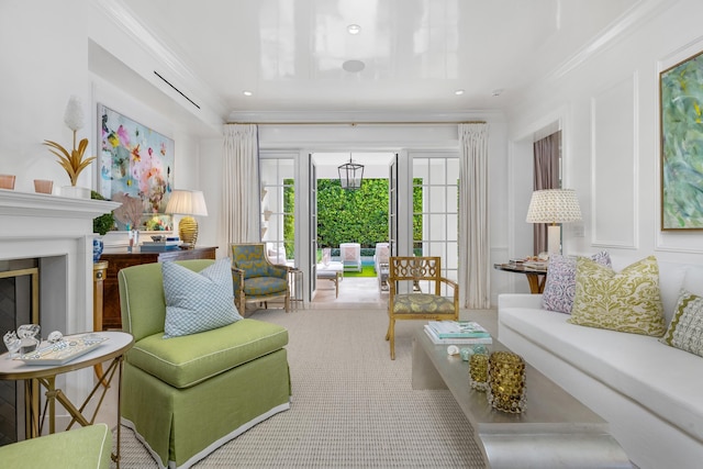 living room with crown molding