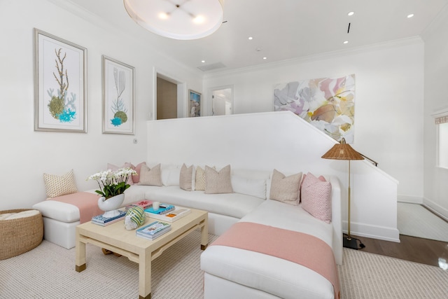 living room with crown molding