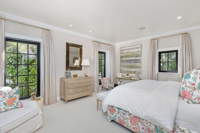 carpeted bedroom with crown molding