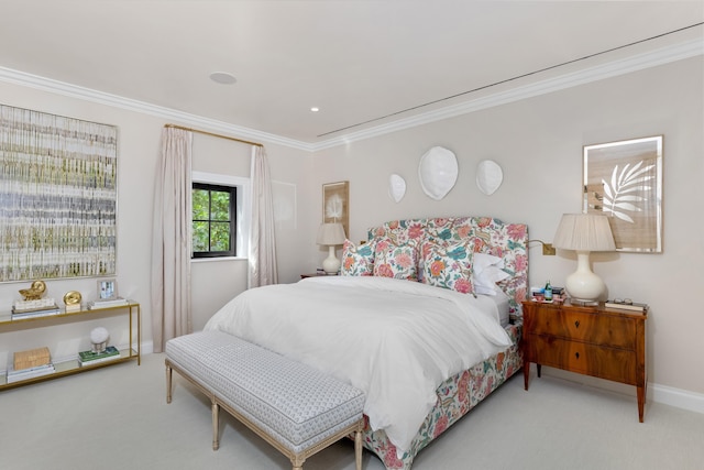 bedroom with light carpet and crown molding