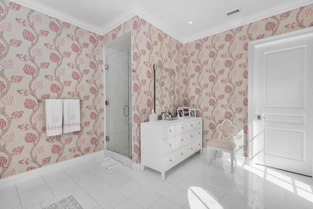 bathroom with tile patterned floors, an enclosed shower, and ornamental molding