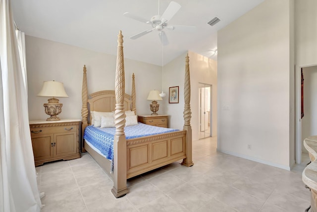 bedroom featuring ceiling fan and light tile patterned floors