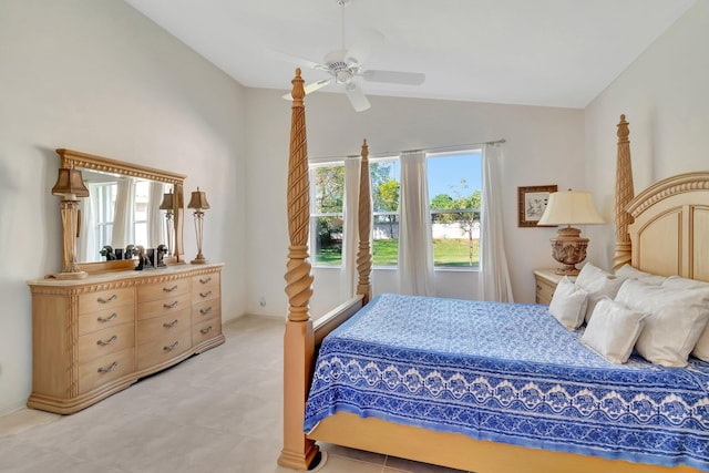 bedroom featuring lofted ceiling and ceiling fan