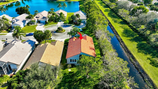 bird's eye view with a water view