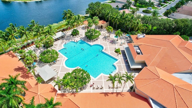 aerial view featuring a water view