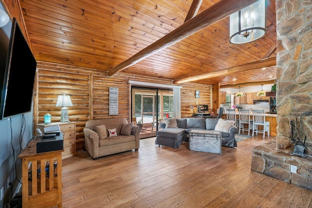 living room featuring beam ceiling, wooden ceiling, log walls, and light hardwood / wood-style flooring