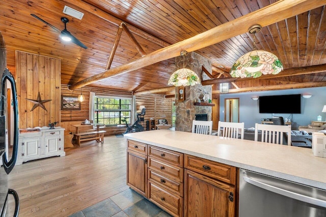 kitchen featuring wooden ceiling, a fireplace, log walls, and stainless steel dishwasher