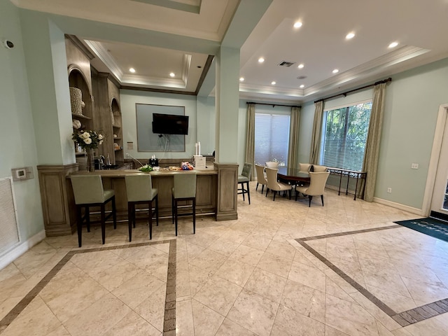 bar featuring ornamental molding, recessed lighting, a raised ceiling, and baseboards