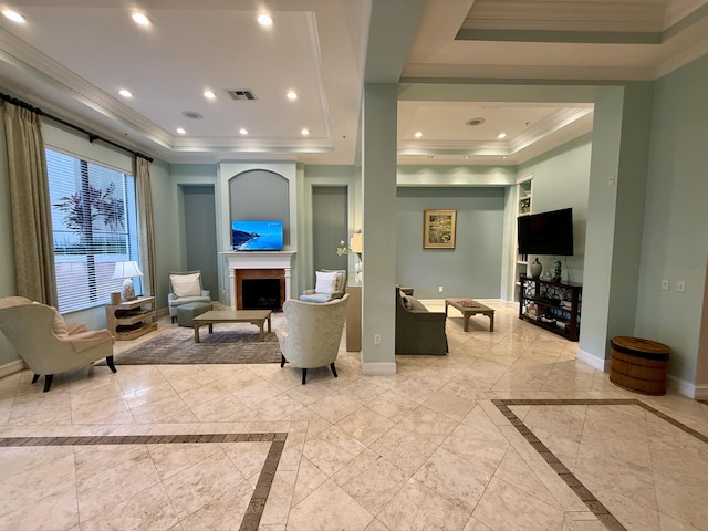 living area with recessed lighting, a fireplace, baseboards, ornamental molding, and a tray ceiling