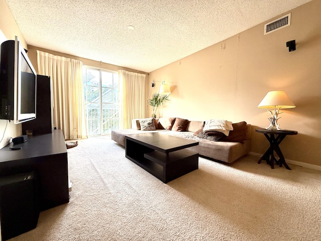 carpeted living area with baseboards, visible vents, and a textured ceiling