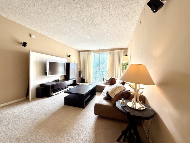 living room featuring carpet and a textured ceiling