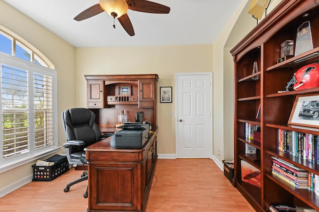 office space featuring ceiling fan and light hardwood / wood-style flooring