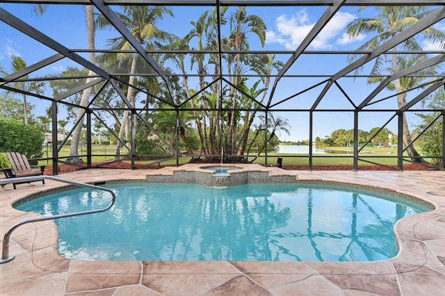 view of swimming pool featuring an in ground hot tub, a water view, a patio, and glass enclosure