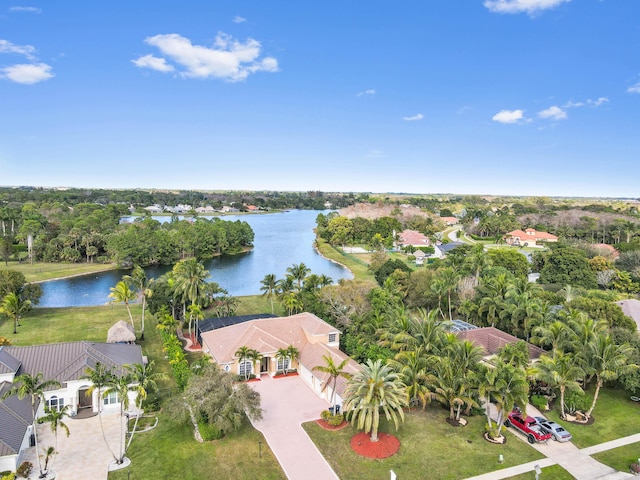 drone / aerial view featuring a water view